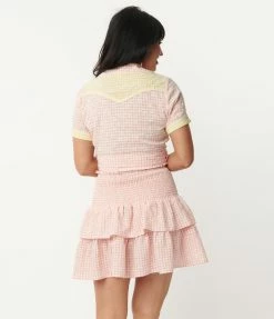 Unique Vintage 1950s Pink Gingham Floral Wrap Star Crop Top