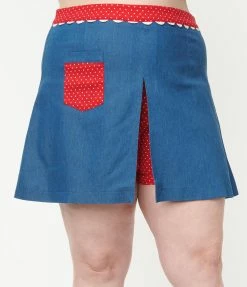 Sale Unique Vintage Plus Size Chambray & Red Dotted Hide & Seek Skort
