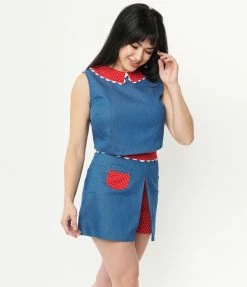Unique Vintage Chambray & Red Dotted Hide & Seek Skort Sale