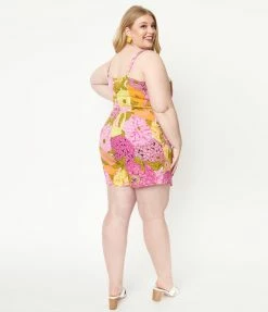 Unique Vintage Plus Size 1950s Pink & Yellow Floral Print Skirted Dolly Romper