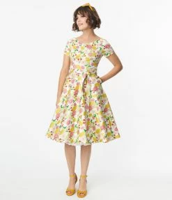 Miss Lulo, Inc. 1950s Lemon & Cherry Floral Print Bella Swing Dress Sale