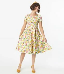 Miss Lulo, Inc. 1950s Lemon & Cherry Floral Print Bella Swing Dress Sale