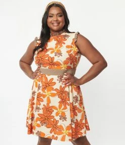 Smak Parlour Plus Size Cream & Orange Floral Happy Hour Flare Dress Sale