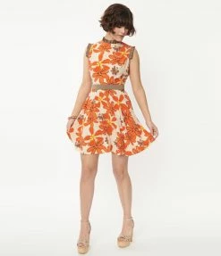 Smak Parlour Cream & Orange Floral Happy Hour Flare Dress Sale