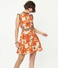 Smak Parlour Cream & Orange Floral Happy Hour Flare Dress Sale