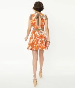 Smak Parlour Cream & Orange Floral Happy Hour Flare Dress Sale