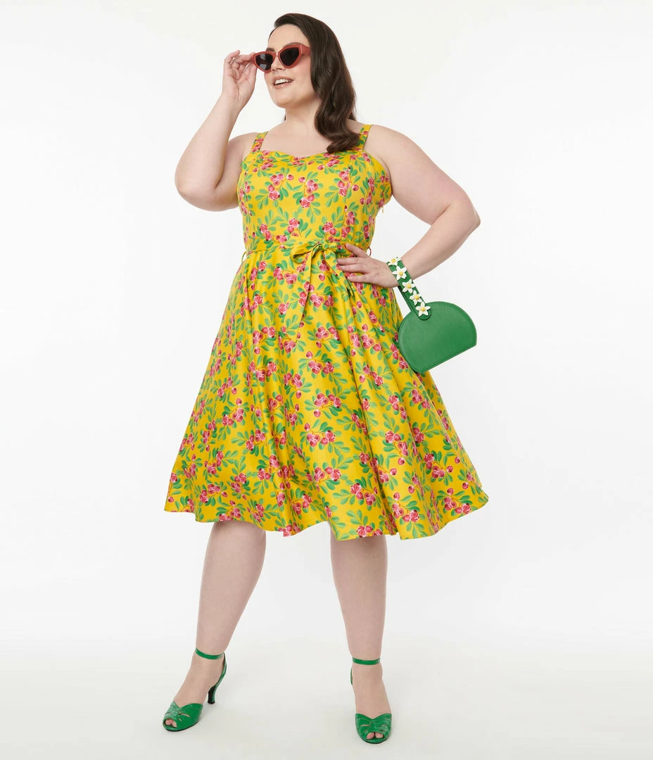 Miss Lulo, Inc. Plus Size 1950s Golden Yellow & Red Berries Swing Dress