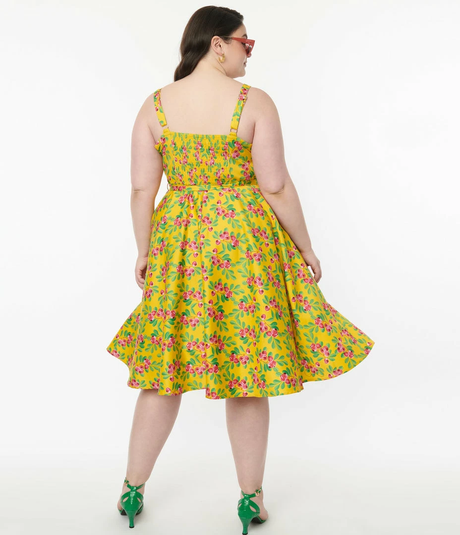 Miss Lulo, Inc. Plus Size 1950s Golden Yellow & Red Berries Swing Dress