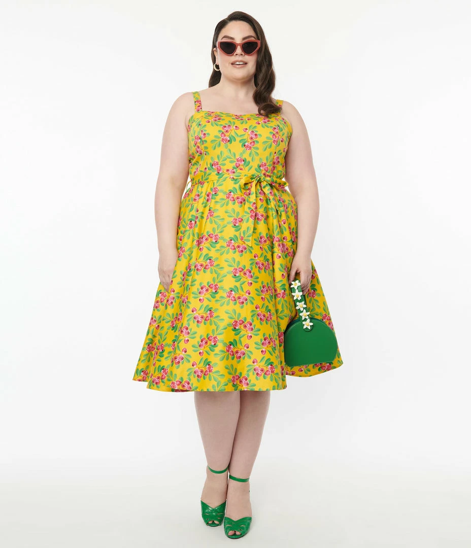 Miss Lulo, Inc. Plus Size 1950s Golden Yellow & Red Berries Swing Dress