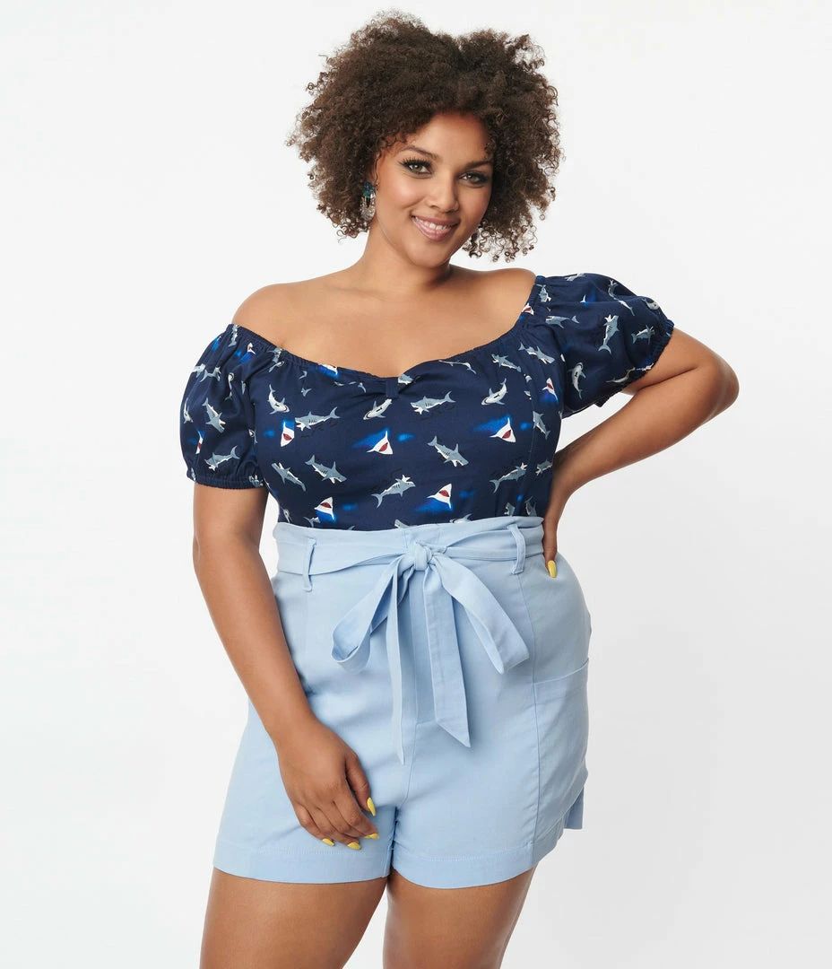 Miss Lulo, Inc. Plus Size Navy Blue & Shark Print Top