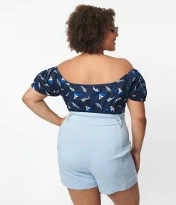 Miss Lulo, Inc. Plus Size Navy Blue & Shark Print Top