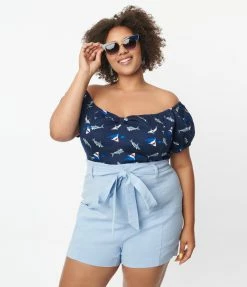 Miss Lulo, Inc. Plus Size Navy Blue & Shark Print Top
