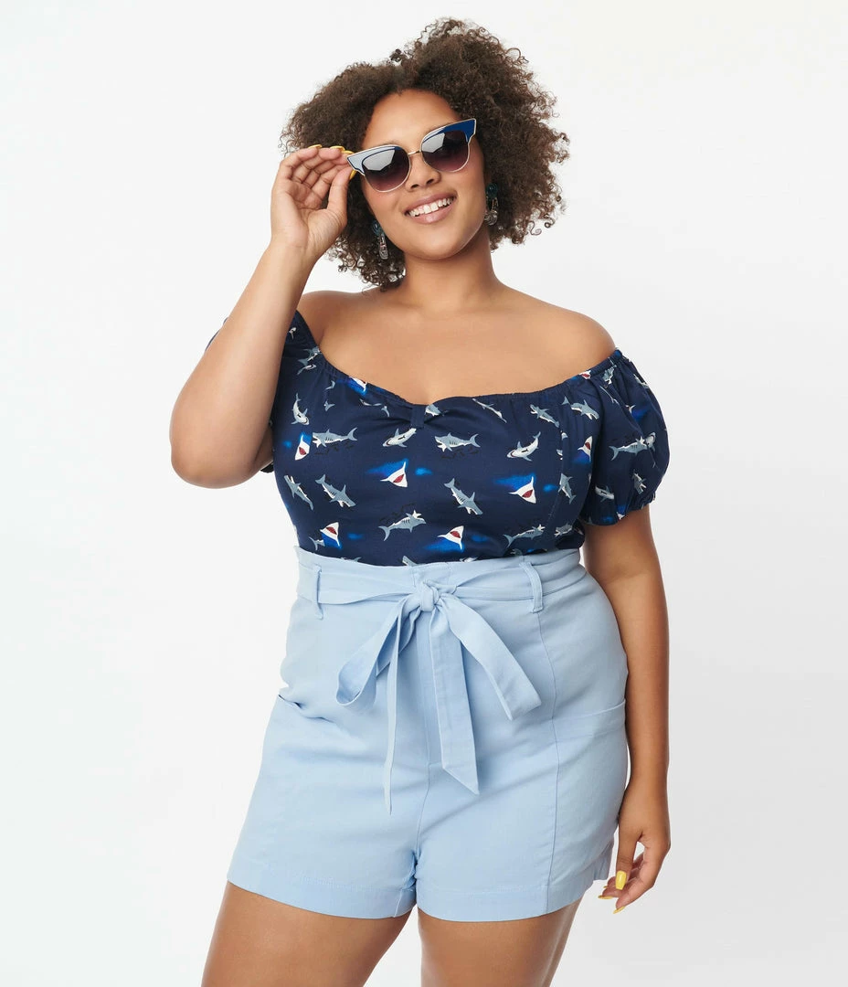 Miss Lulo, Inc. Plus Size Navy Blue & Shark Print Top