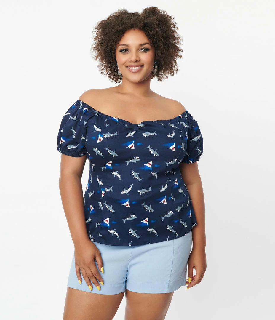 Miss Lulo, Inc. Plus Size Navy Blue & Shark Print Top