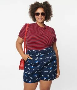 Miss Lulo, Inc. Plus Size Navy & Shark Print Shorts
