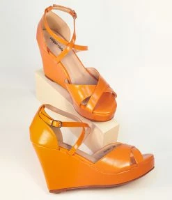 Unique Vintage Orange Leatherette Peep Toe Wedges Heels & Wedges