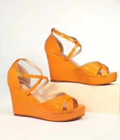 Unique Vintage Orange Leatherette Peep Toe Wedges Heels & Wedges