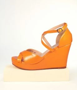 Unique Vintage Orange Leatherette Peep Toe Wedges Heels & Wedges