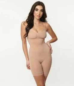 Unique Vintage Beige Shapewear Mid Thigh Bodysuit Lingerie & Shapewear