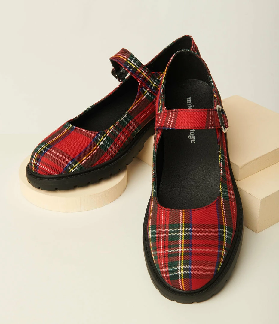 Unique Vintage Red Plaid Mary Jane Flats Unique Vintage Brand