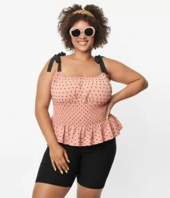 Unique Vintage Plus Size Coral & Black Clip Dot Breezy Babe Crop Top