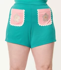 Smak Parlour Plus Size Teal & Pink Daisy Delight Shorts Clothing