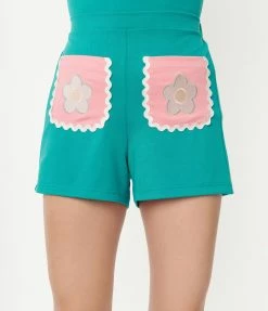 Smak Parlour Teal & Pink Daisy Delight Shorts Clothing