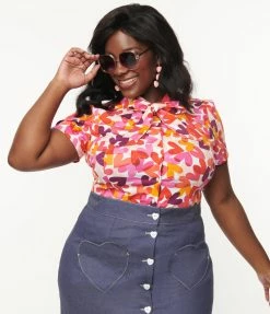 SHEEN Clothing Ltd Sale Plus Size White & Multicolor Heart Dream On Bow Blouse