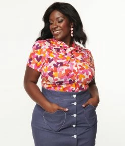 SHEEN Clothing Ltd Sale Plus Size White & Multicolor Heart Dream On Bow Blouse