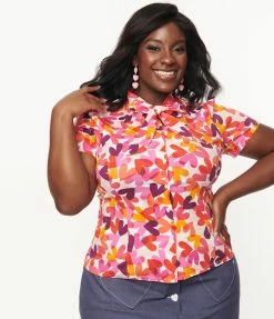 SHEEN Clothing Ltd Sale Plus Size White & Multicolor Heart Dream On Bow Blouse