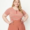Unique Vintage Plus Size Rust & Cream Striped Back To Basics Zipper Top
