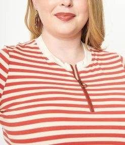 Unique Vintage Plus Size Rust & Cream Striped Back To Basics Zipper Top