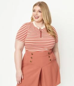 Unique Vintage Plus Size Rust & Cream Striped Back To Basics Zipper Top