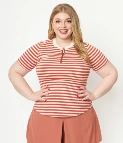 Unique Vintage Plus Size Rust & Cream Striped Back To Basics Zipper Top