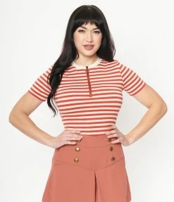 Unique Vintage Rust & Cream Striped Back To Basics Zipper Top
