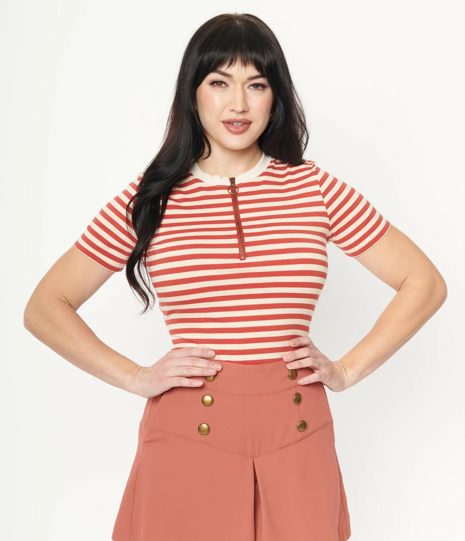 Unique Vintage Rust & Cream Striped Back To Basics Zipper Top