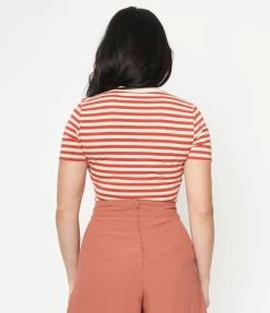 Unique Vintage Rust & Cream Striped Back To Basics Zipper Top