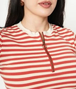 Unique Vintage Rust & Cream Striped Back To Basics Zipper Top