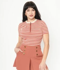 Unique Vintage Rust & Cream Striped Back To Basics Zipper Top