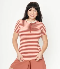 Unique Vintage Rust & Cream Striped Back To Basics Zipper Top