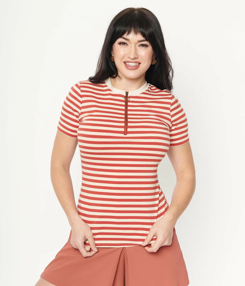Unique Vintage Rust & Cream Striped Back To Basics Zipper Top