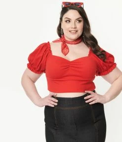 Unique Vintage Plus Size Red Whimsy Crop Top Sale