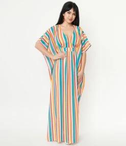Unique Vintage Rainbow Striped Burton Caftan Dress Swimwear