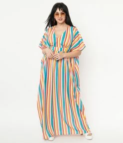 Unique Vintage Rainbow Striped Burton Caftan Dress Swimwear