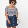 Unique Vintage Plus Size Medium Blue Denim Button Up Mini Skirt