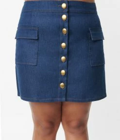 Unique Vintage Plus Size Medium Blue Denim Button Up Mini Skirt