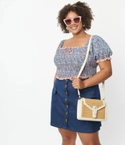 Unique Vintage Plus Size Medium Blue Denim Button Up Mini Skirt