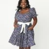 New Arrivals! Unique Vintage Plus Size 1950s Navy Botanica Print Dakota Flare Dress