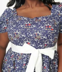 New Arrivals! Unique Vintage Plus Size 1950s Navy Botanica Print Dakota Flare Dress