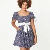 Unique Vintage 1950s Navy Botanica Print Dakota Flare Dress New Arrivals!